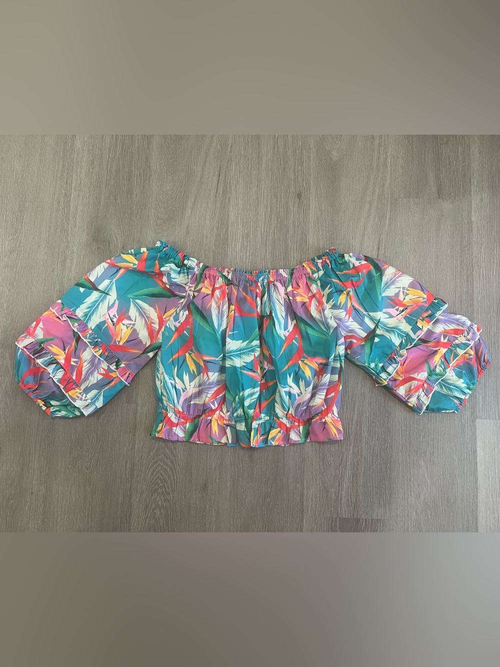 Rachel Zoe Teal Tropical Off-Shoulder Puff Sleeve Top